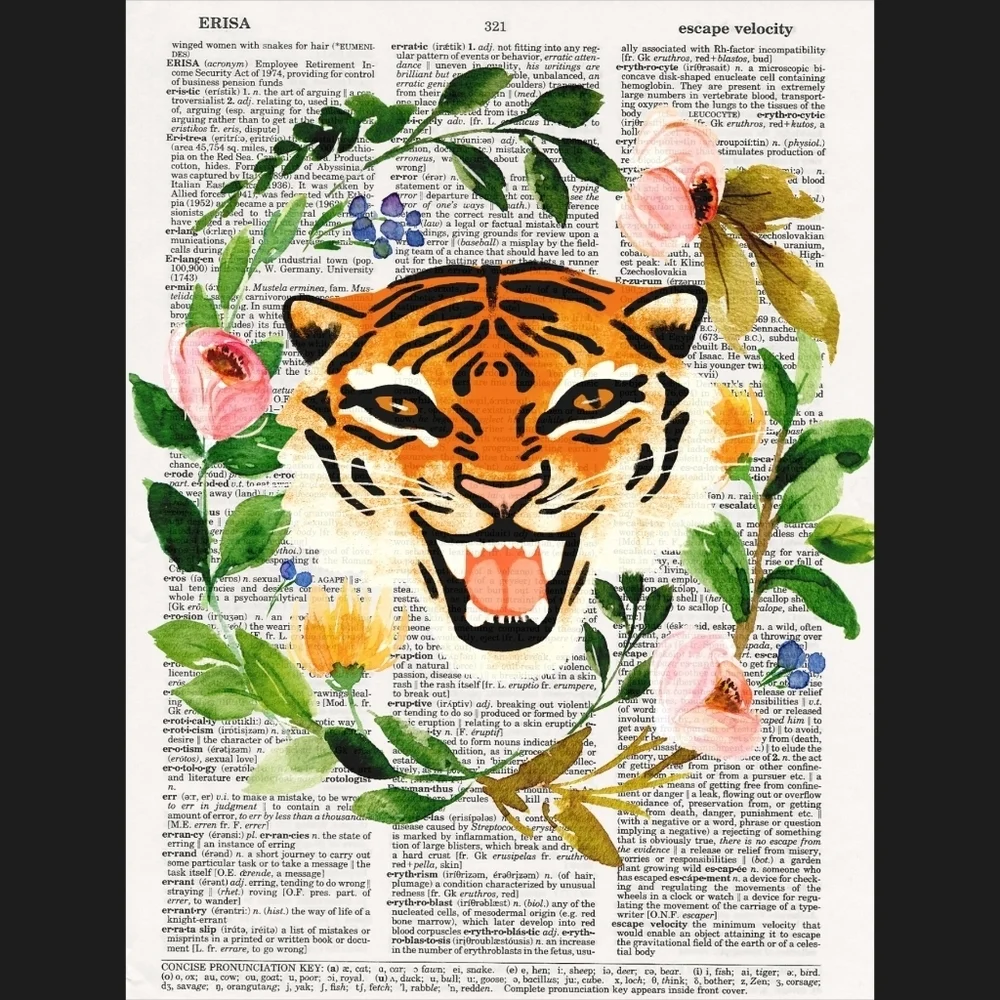 Tiger Floral Tropical Dictionary Art Print